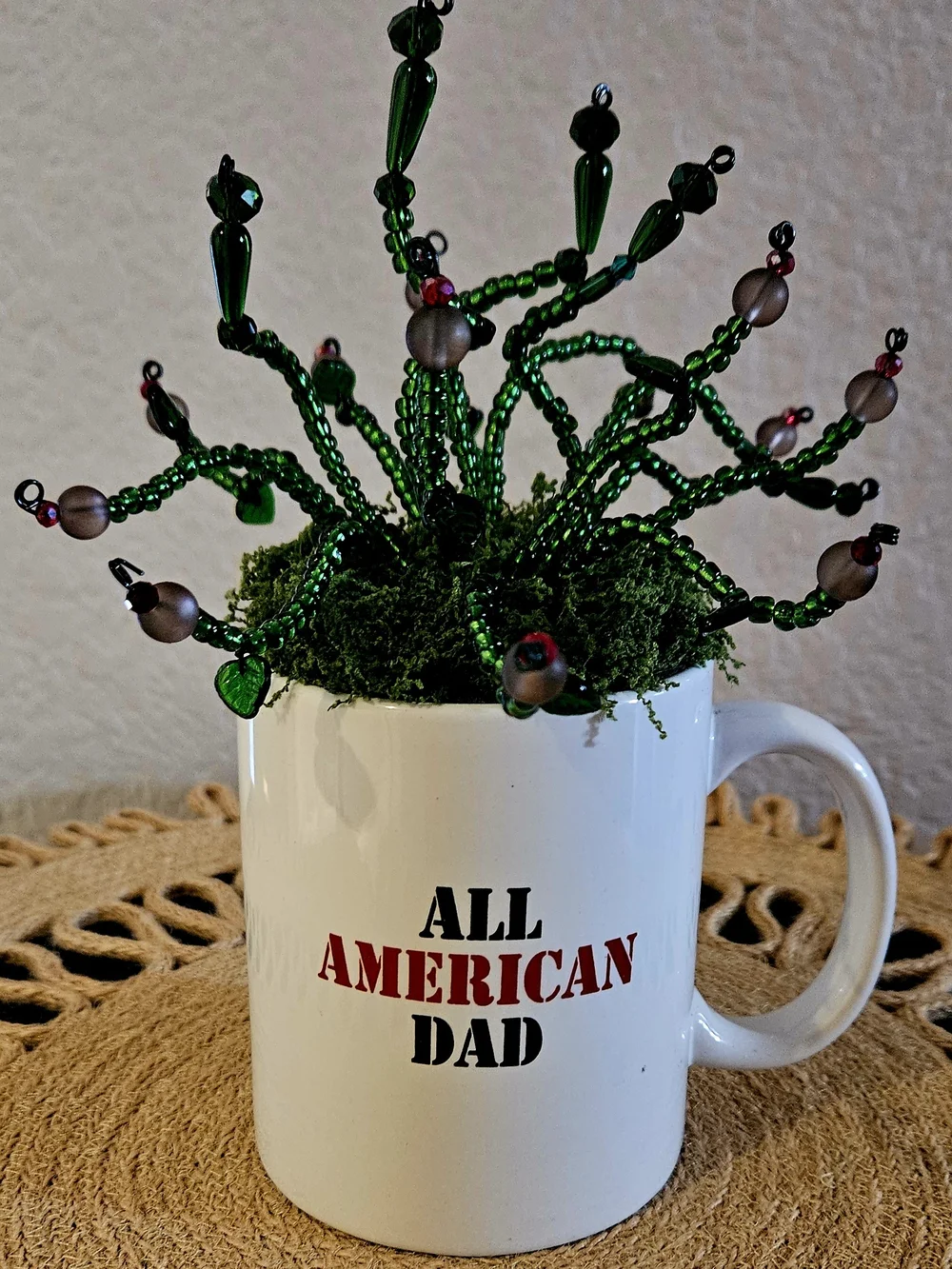 All American Dad White Ceramic Mug with Green Beaded Succulent